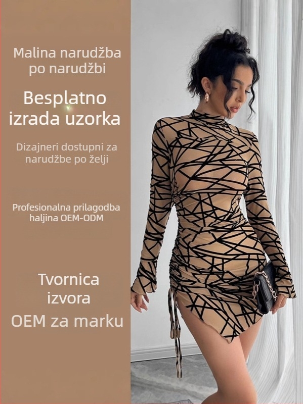Ženska mini haljina s kariranim uzorkom, stojeći ovratnik, dugi rukavi, visoki struk, zatvarač