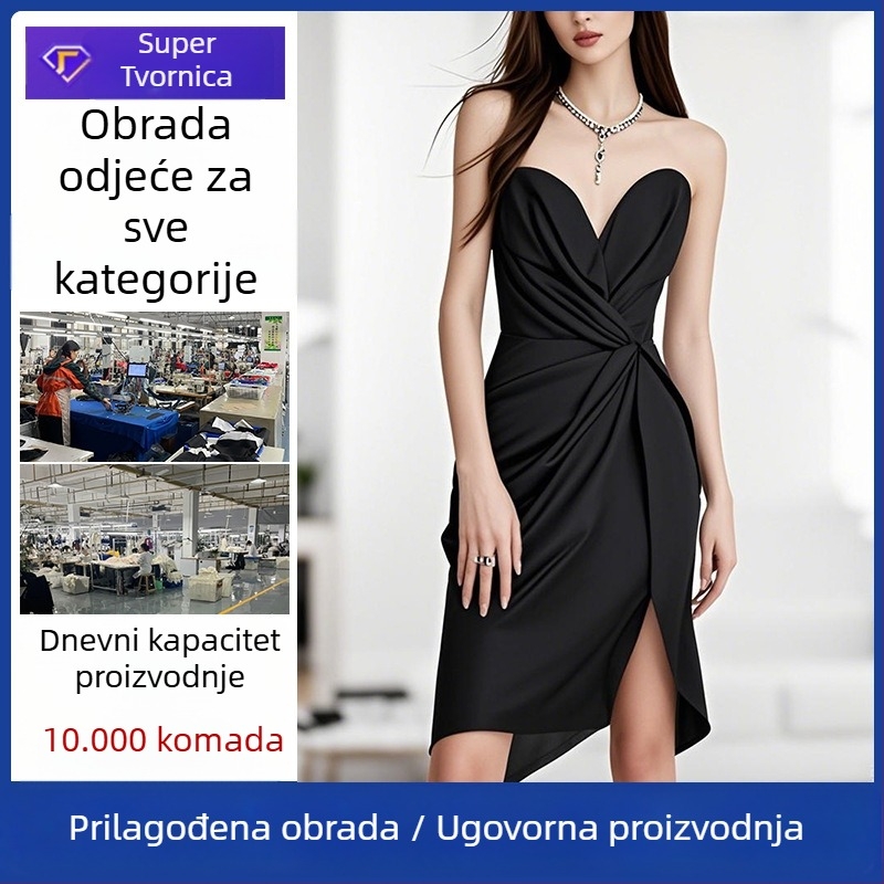 Prilagođena obrada vjenčanih haljina — plisiranje, tanke naramenice s prorezom, uski kroj; OEM proizvodnja po nacrtima; probni ciklus od 7 dana; kapacitet do 10 000 komada.