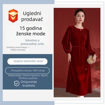 Ženska haljina od svilenog velura – jednobojna, midi duljine, okrugli izrez, 3/4 rukavi, elegantna i bezvremenska