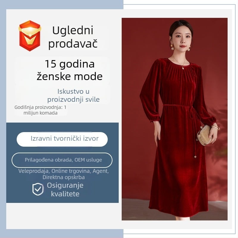 Ženska haljina od svilenog velura – jednobojna, midi duljine, okrugli izrez, 3/4 rukavi, elegantna i bezvremenska