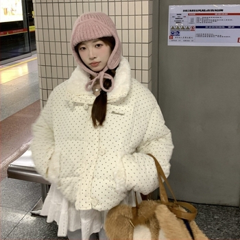 Ženska corduroy jakna s točkicama, dugi rukavi, zatvarač, poludugi ovratnik, produžena duljina, punilo od gusjeg perja >450 g, zima 2025, elegantan gradski stil