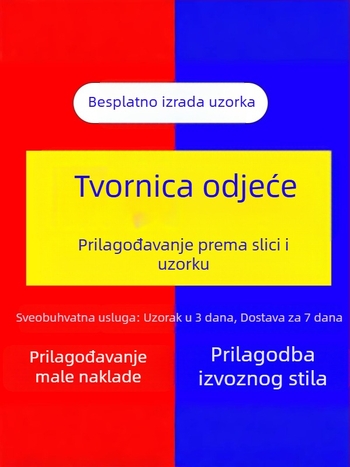 Vlastita pleteni odjev: T‑majice i duksevi po dostavljenom dizajnu, OEM obrada prema crtežima, mala serijska proizvodnja; glavni materijali: pamuk, konoplja, elastan
