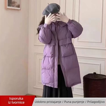 Ženska jakna s kapuljačom, srednje duljine, punjenje od bijelog pačjeg perja, poliester