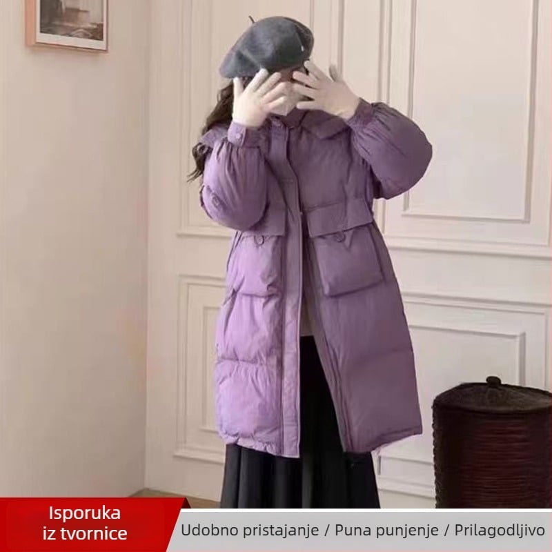 Ženska jakna s kapuljačom, srednje duljine, punjenje od bijelog pačjeg perja, poliester