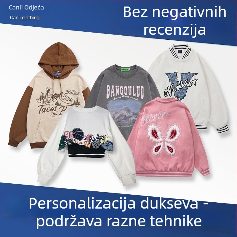 Prilagođeni logom radni pulover i pleteni T-shirt – OEM obrada po nacrtima, 3-dnevno probno razdoblje; proizvodni kapacitet 3000 kom./dan; materijali: pamuk, vuna, poliester, denim