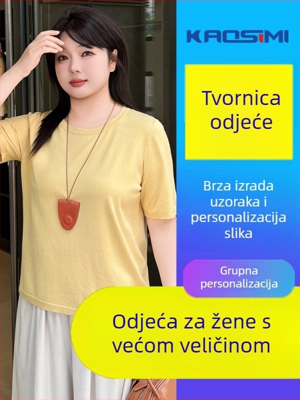 Plus-size ženski pamučni pleteni T-shirt, kratkih rukava, okrugli izrez, izšiven karikaturni uzorak, ležernog kroja