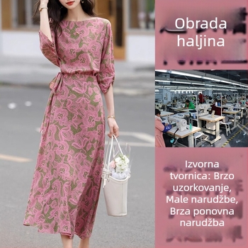 Pletena haljina s printom — OEM i uzorak proizvodnja, proizvodnja po crtama, srednja klasa, 3-5 faza odobravanja uzoraka, 7-dnevni rok završetka, kapacitet 1000, tkanine: pamuk, svila, šifon, poliester.