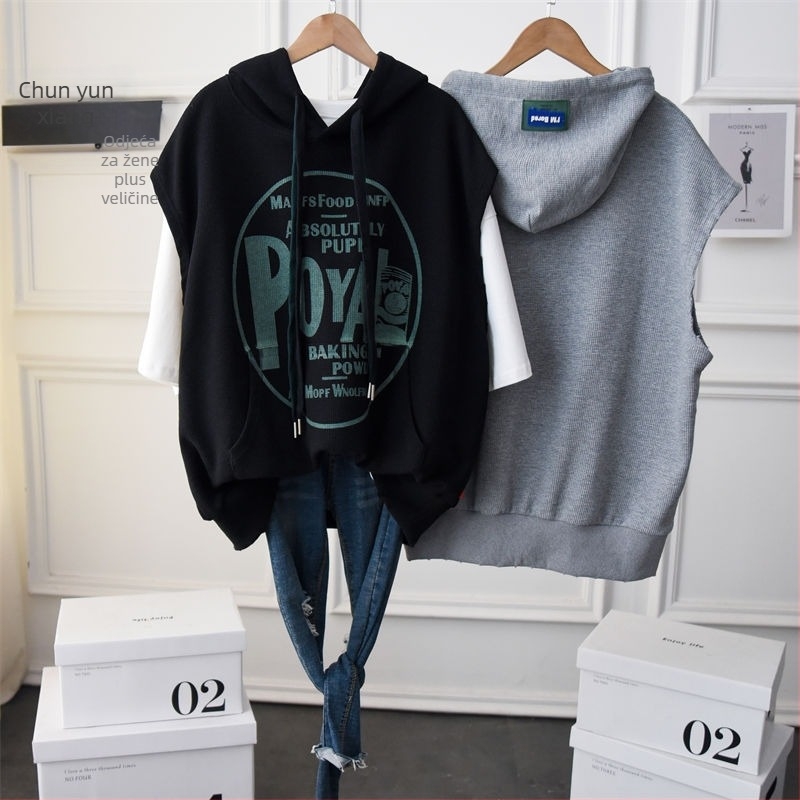 Ženski kapuljačasti prsluk bez rukava, pamuk, srednja duljina 65–80 cm, ležerni kroj, anime uzorak, proljeće 2023