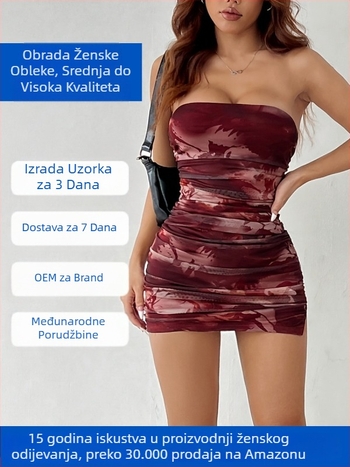 Haljina bez naramenica bodycon za zabavu s prilagođenim dizajnom kroja i malom serijom OEM proizvodnje (3-dnevno probno razdoblje; kapacitet 1000/dan; prilagodba prema crtežu; materijali: chiffon, milk silk, modal)