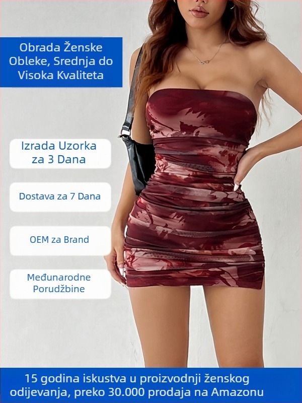 Haljina bez naramenica bodycon za zabavu s prilagođenim dizajnom kroja i malom serijom OEM proizvodnje (3-dnevno probno razdoblje; kapacitet 1000/dan; prilagodba prema crtežu; materijali: chiffon, milk silk, modal)