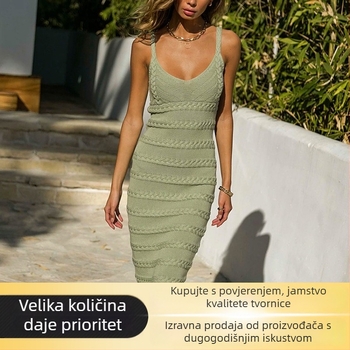 Duga pletena haljina s trakama — H-silueta, midi duljina haljine, struk srednje visine