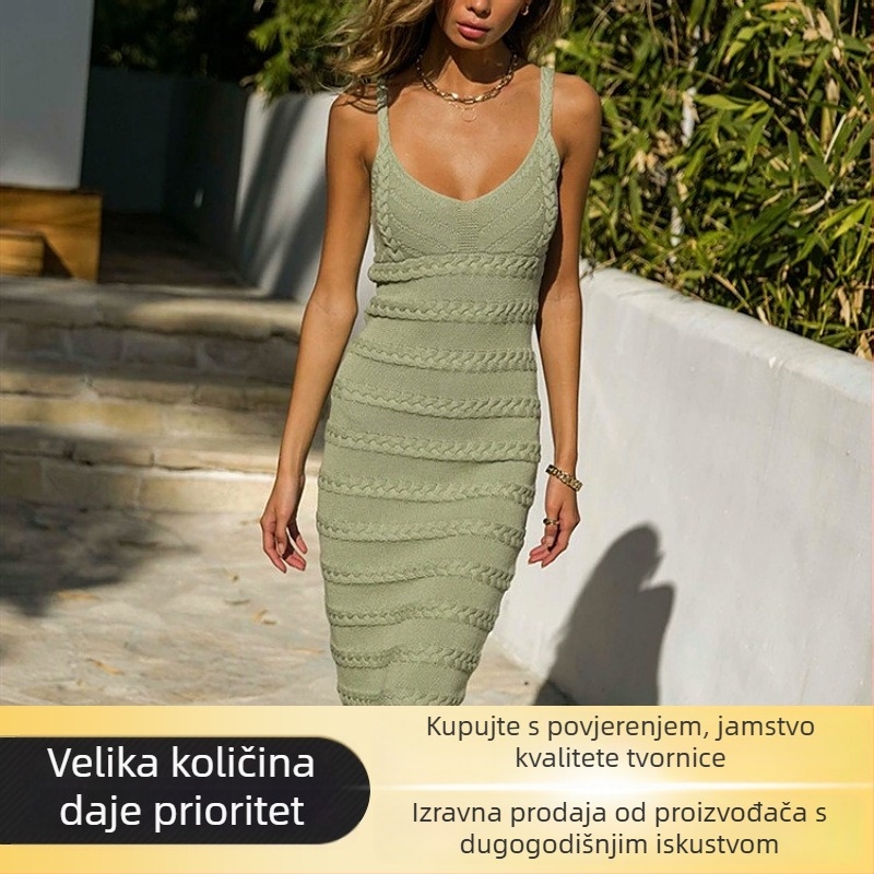 Duga pletena haljina s trakama — H-silueta, midi duljina haljine, struk srednje visine