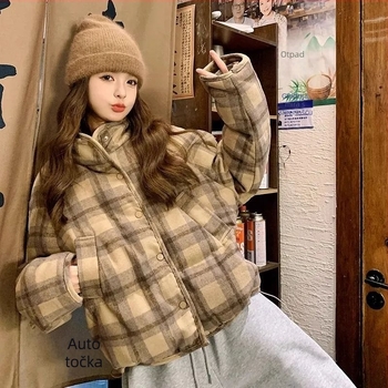 Ženska jakna s perjem, karirani retro kratki dizajn, ultra kratka duljina ≤40 cm, stojeći ovratnik, debeli izolacijski sloj, punjenje od bijelog guščjeg pera