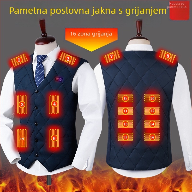 16-zonska inteligentna grijna vesta, USB napajanje grijanje s konstantnom temperaturom, pamuk punjenje, najlonska tkanina