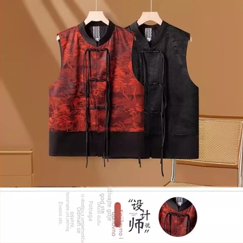 Ženski satenski prsluk u kineskom stilu, bez rukava, stojeći ovratnik, proljeće 2025, umjetnički retro