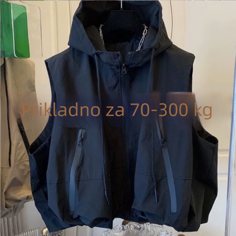 Ženski bezrukavni vest s stojećim ovratnikom, kratka duljina 40–50 cm, poliester, prednji zatvarač