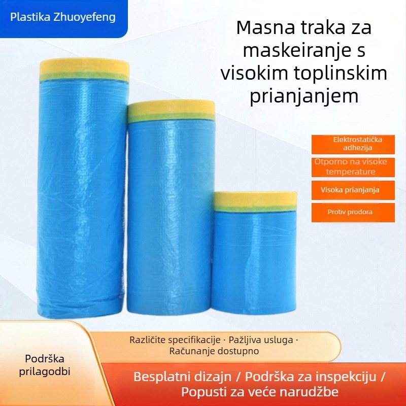Automobilski maskirajući film visoke temperature za lakiranje — PE film i maskirajuća traka visoke adhezije, ne ljušti se, debljina 0.006–0.008 mm