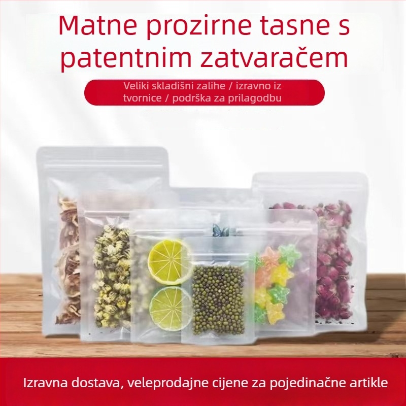 Vrećica za grickalice s ravnim dnom, samozatvarajuća, trostruko zatvaranje, mat završna površina, materijal: OPP+PET+CPP