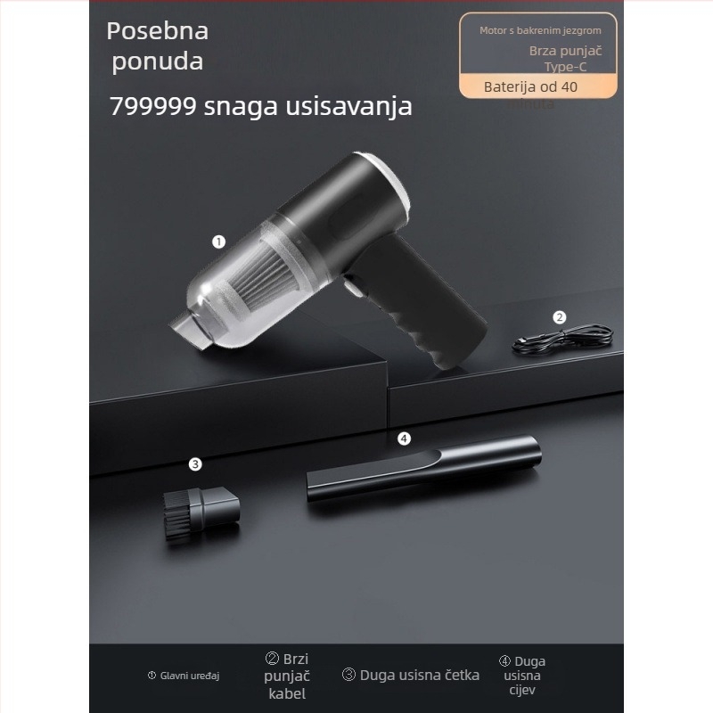Bežični ručni usisavač za kuću i automobil, usisna snaga 11000 Pa, ulazna snaga 90 W, punjiv