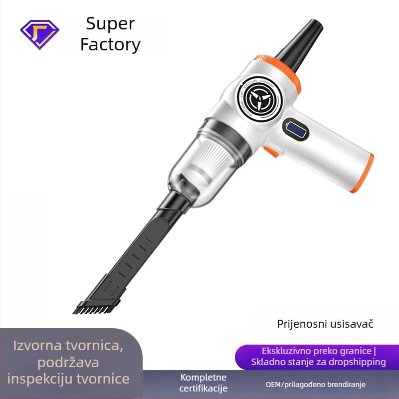 Bežični ručni usisavač za automobil i dom — dvostruka funkcija usisavanja i puhanja, ugrađena baterija 3001–4000mAh, 5W, usis ≥25kPa, tlak >5000Pa, USB napajanje