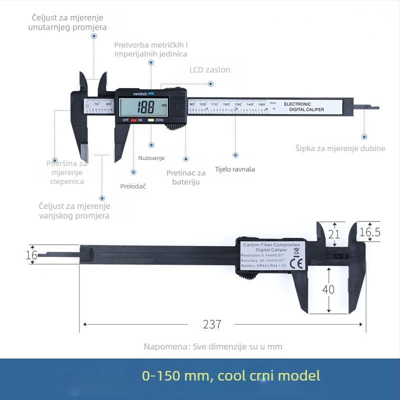 Elektronički digitalni šubler visoke preciznosti, raspon 0-100-150 mm, veliki zaslon