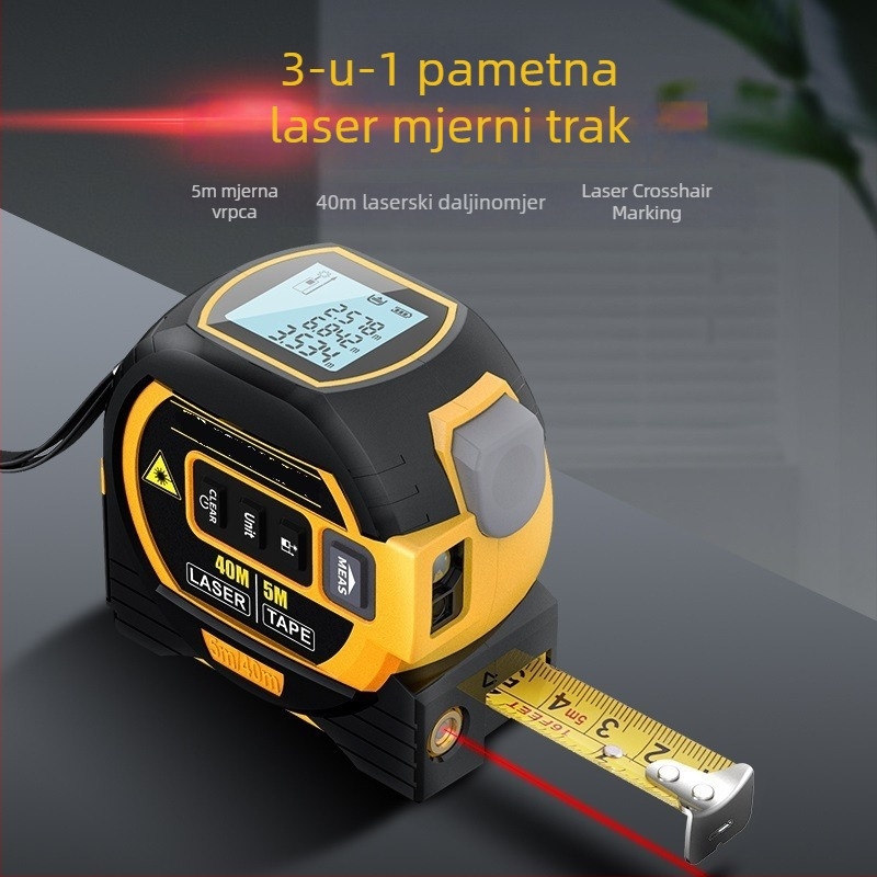 Trostruki u jednom laserskom mjeraču udaljenosti s mjernom trakom i križnim laserskim zrakom za unutarnja mjerenja