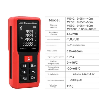 Nomi ME Series prenosni laserski mjerač udaljenosti s infracrvenim mjerenjem, za unutarnju i vanjsku upotrebu — modeli ME40/ME60/ME80/ME100