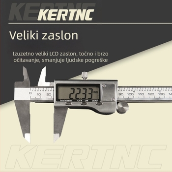 Elektronički digitalni mjerač kaliper s tijelom od cinkovog legura i plastičnim kućištem, raspon 0-150 mm; mjeri vanjski promjer, dubinu i unutarnji promjer.