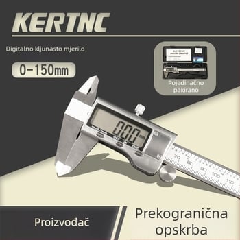 Elektronički digitalni mjerač kaliper s tijelom od cinkovog legura i plastičnim kućištem, raspon 0-150 mm; mjeri vanjski promjer, dubinu i unutarnji promjer.