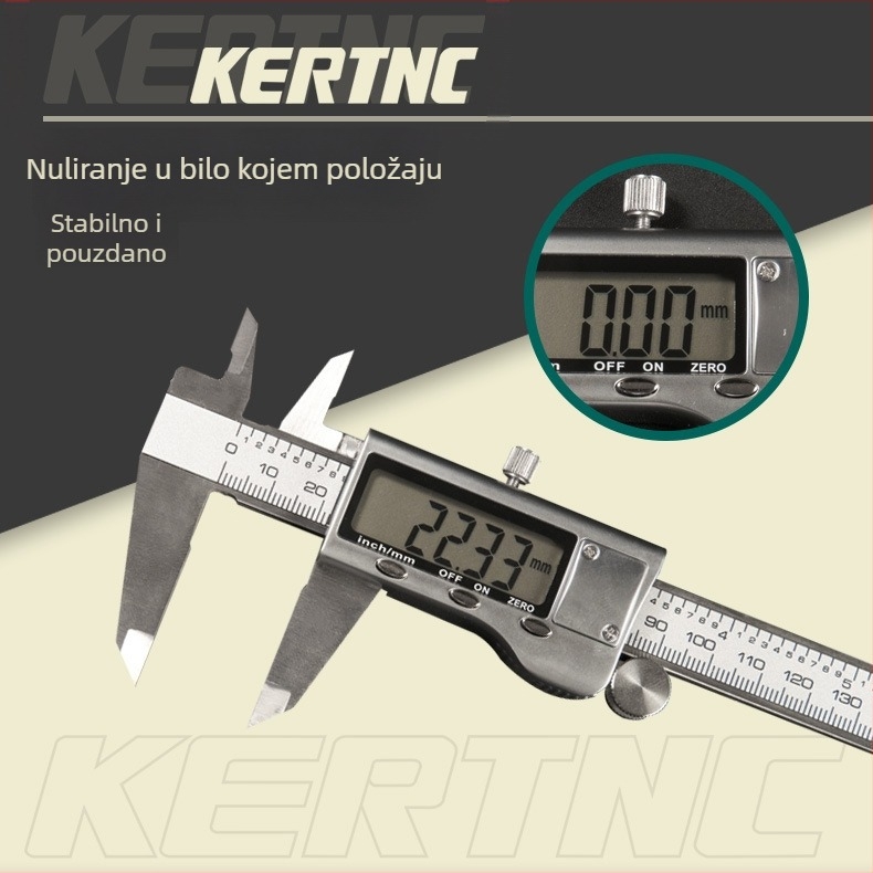 Elektronički digitalni mjerač kaliper s tijelom od cinkovog legura i plastičnim kućištem, raspon 0-150 mm; mjeri vanjski promjer, dubinu i unutarnji promjer.