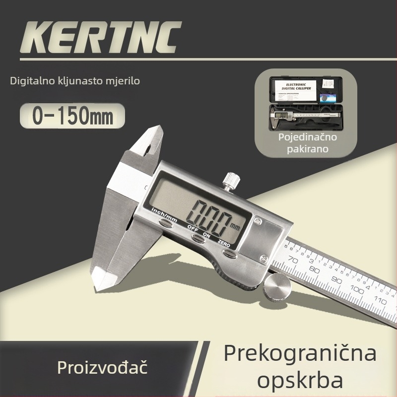 Elektronički digitalni mjerač kaliper s tijelom od cinkovog legura i plastičnim kućištem, raspon 0-150 mm; mjeri vanjski promjer, dubinu i unutarnji promjer.