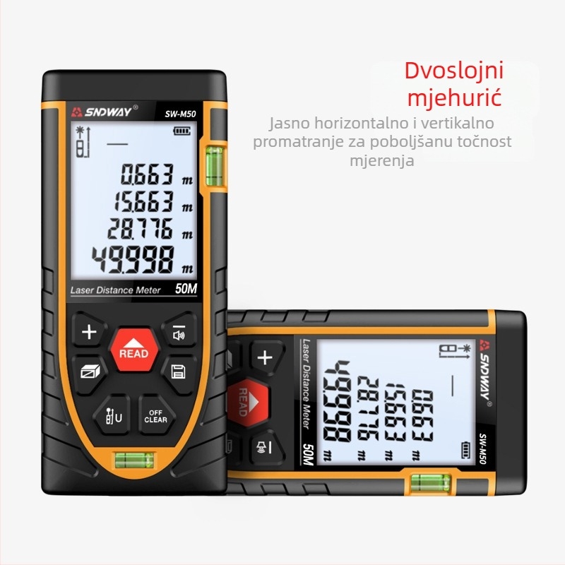 Ručni laserski mjerni uređaj SW-M50 – raspon mjerenja 50/70/80/100 m, točnost ±1,5 mm, težina 125 g