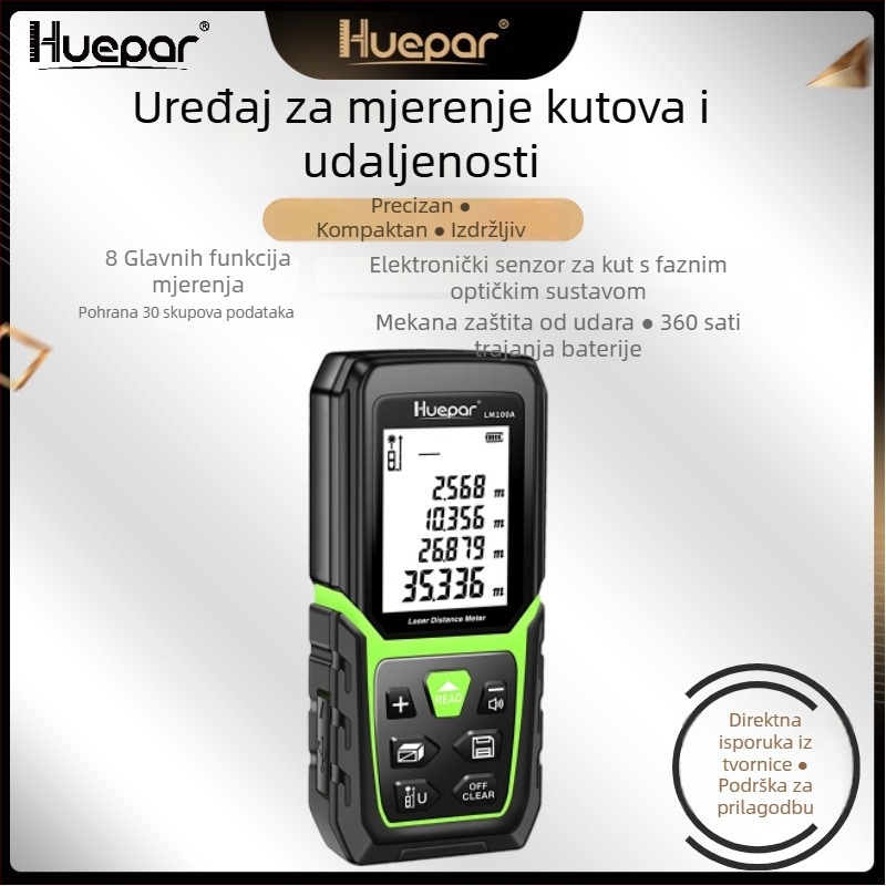 Ručni laserski mjerač udaljenosti (raspon 0,05–120 m, preciznost ±2 mm, IP54 zaštita, dimenzije 112×50×25 mm, težina 231 g)