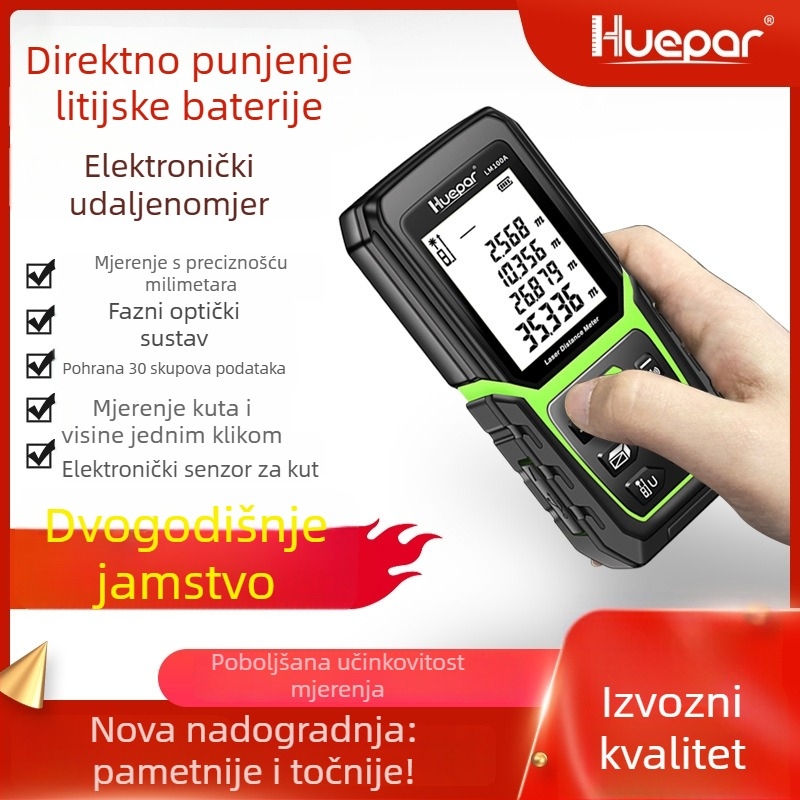 Ručni laserski mjerač udaljenosti (raspon 0,05–120 m, preciznost ±2 mm, IP54 zaštita, dimenzije 112×50×25 mm, težina 231 g)