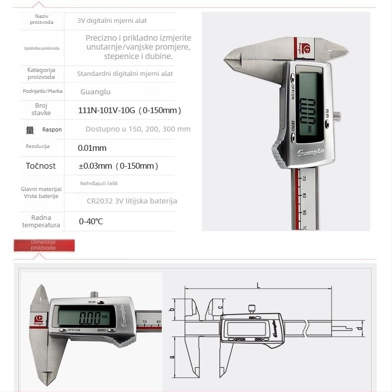 Guanglu digitalni kaliper s metalnim kućištem, 3V baterija, raspon 0–150 mm