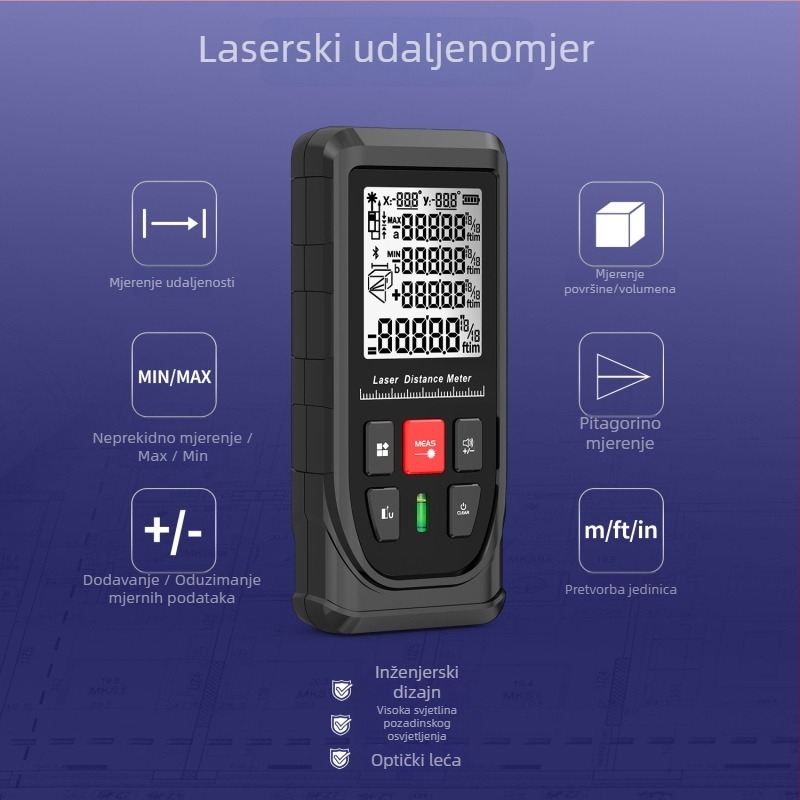 Ručni laserski daljinomjer Hy50c serija, Hongxiangtong – za instalacijske projekte, mjerenje udaljenosti, površine i volumena, Pitagorino mjerenje, visoka preciznost