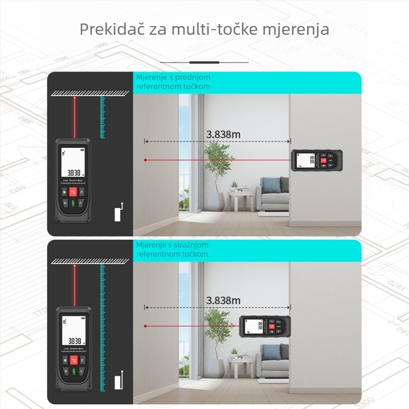 Ručni laserski daljinomjer Hy50c serija, Hongxiangtong – za instalacijske projekte, mjerenje udaljenosti, površine i volumena, Pitagorino mjerenje, visoka preciznost