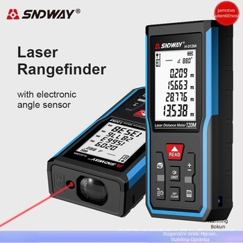 Ručni laserski mjerač udaljenosti s rasponom 50–120 m, točnost ±1,5 mm, rezolucija 0,001 m, IP54 zaštita od prašine i prskanja, radna temperatura 0–40°C