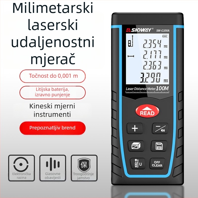 SWM laserski mjerač udaljenosti – ručni elektronički mjerni alat s infracrvenim laserom, model SWM, raspon mjerenja i točnost