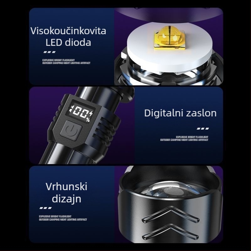 P900 Punjiva LED baterijska svjetiljka, ultra jaka, vanjski LED zoom svjetlo, 100W, Power Bank funkcija