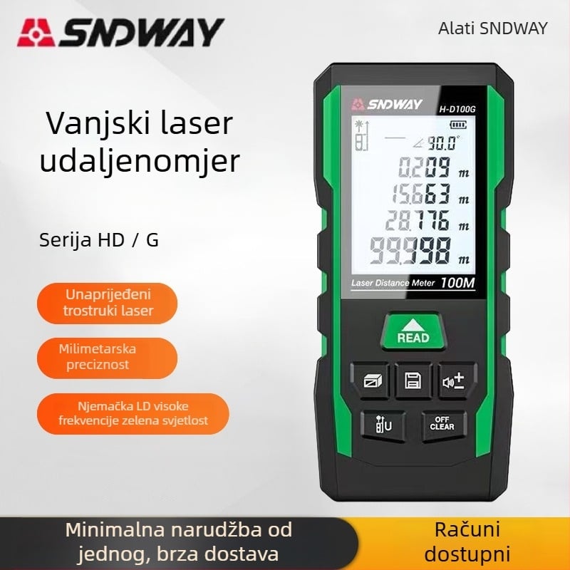 SNDWAY laserski mjerač udaljenosti – vanjski, visoke preciznosti elektronički mjerač s zelenim laserom i infracrvenim mjerenjem