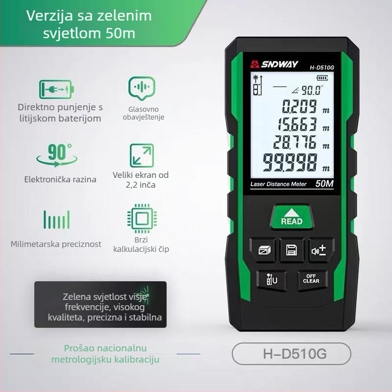 SNDWAY laserski mjerač udaljenosti – vanjski, visoke preciznosti elektronički mjerač s zelenim laserom i infracrvenim mjerenjem