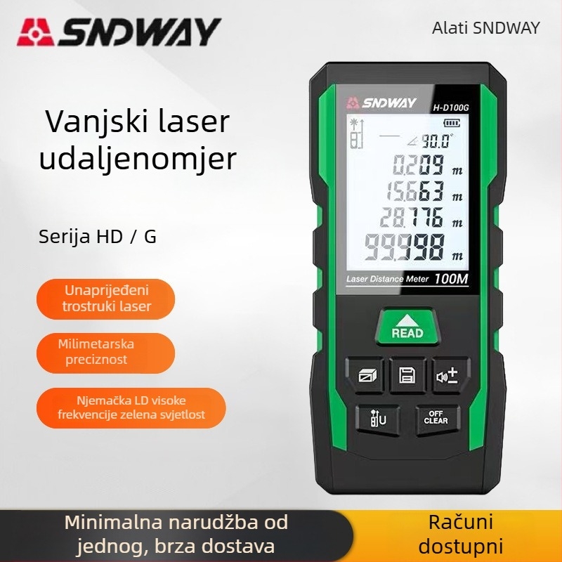 SNDWAY laserski mjerač udaljenosti – vanjski, visoke preciznosti elektronički mjerač s zelenim laserom i infracrvenim mjerenjem