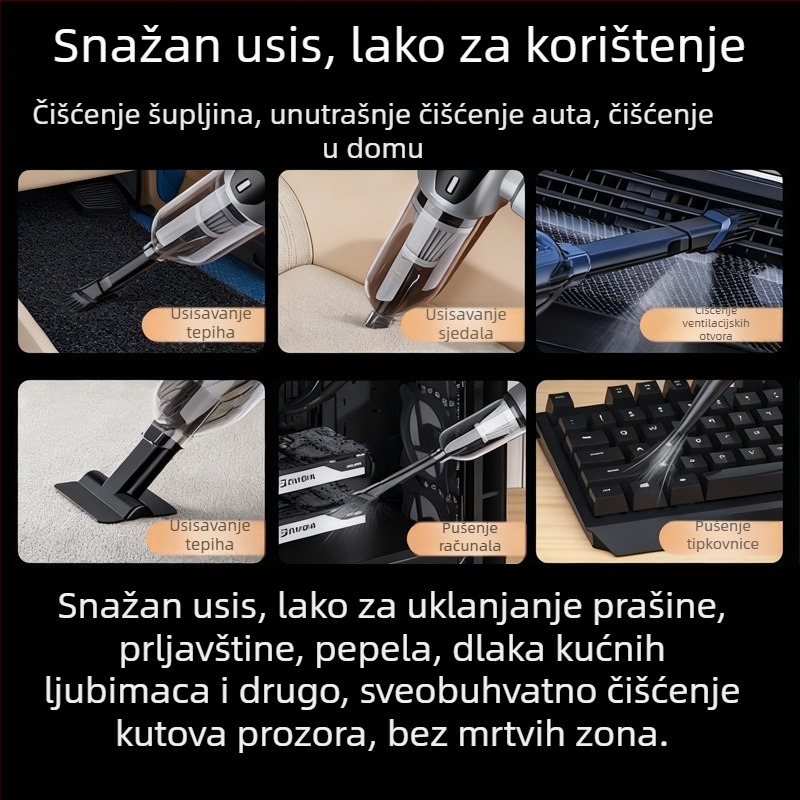 Bežični usisavač za auto, prijenosni ručni, punjivi USB, ugrađena baterija, 100 W, usisna snaga 15,1–20 kPa, suho usisavanje, posuda za prašinu
