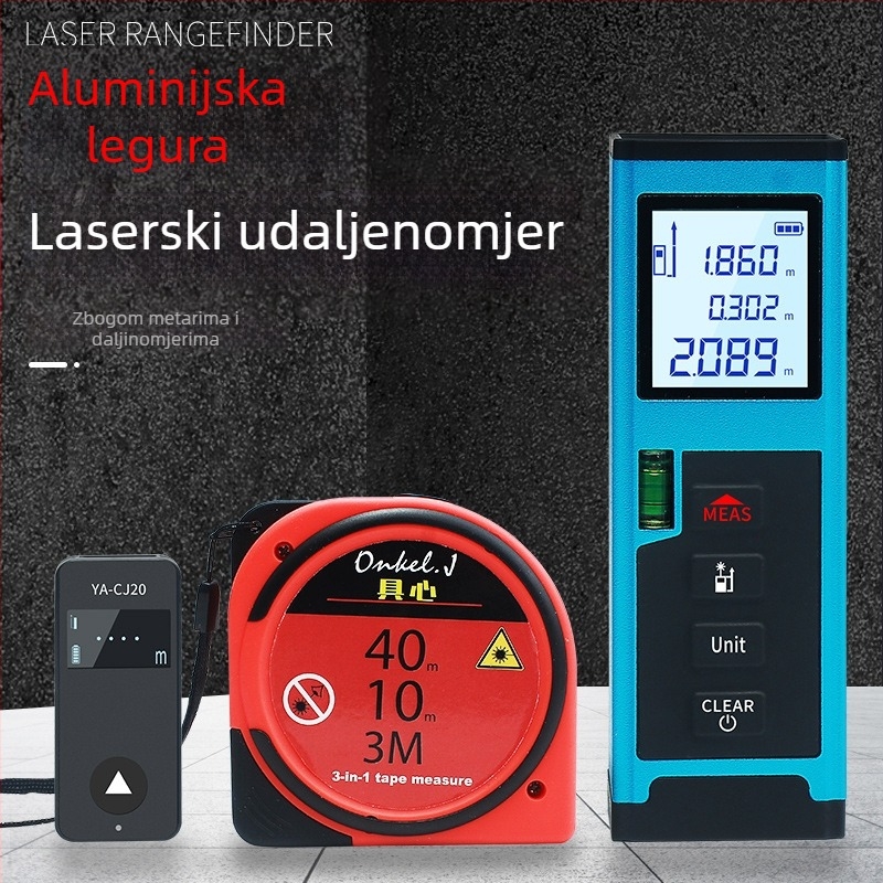 Prijenosni laserski daljinomjer, domet 40 m, točnost 1 m, masa 300 g, napajanje USB ili baterija, ručni infracrveni mjerač udaljenosti