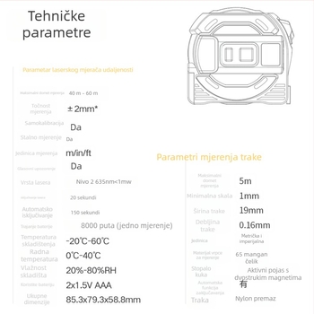 Ručni laserski daljinomjer s mjernom trakom i infracrvenim mjerenjem, domet 0–60 m, točnost ±2, napon 1,5 V
