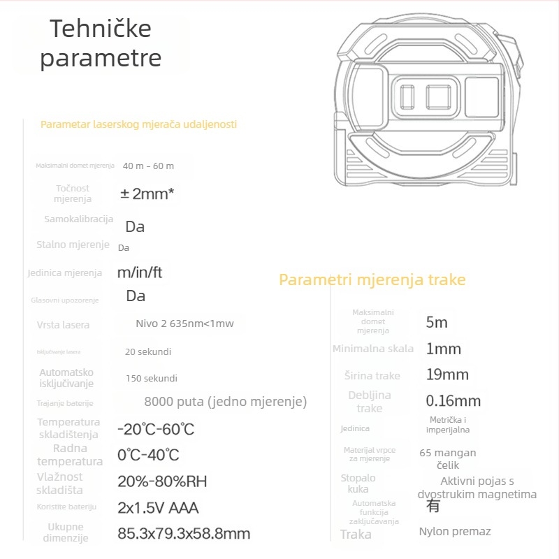 Ručni laserski daljinomjer s mjernom trakom i infracrvenim mjerenjem, domet 0–60 m, točnost ±2, napon 1,5 V