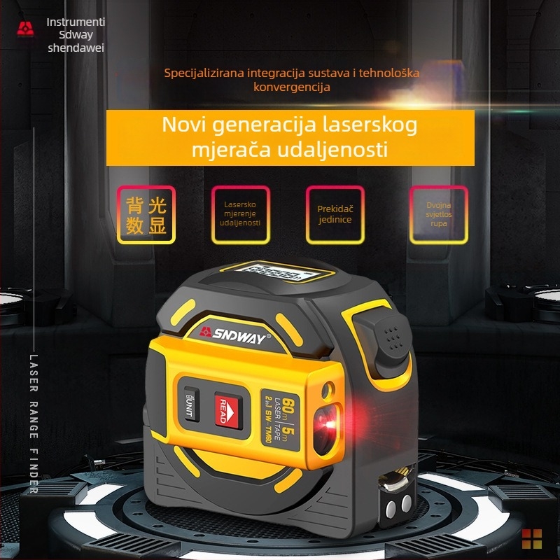 Ručni laserski daljinomjer s mjernom trakom i infracrvenim mjerenjem, domet 0–60 m, točnost ±2, napon 1,5 V