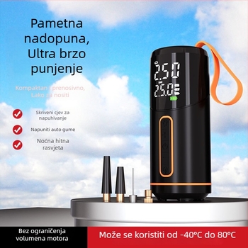 Bežična električna pumpa za automobil i bicikl, USB punjenje, digitalni tlakometar, 30 L/min, ugrađeno svjetlo