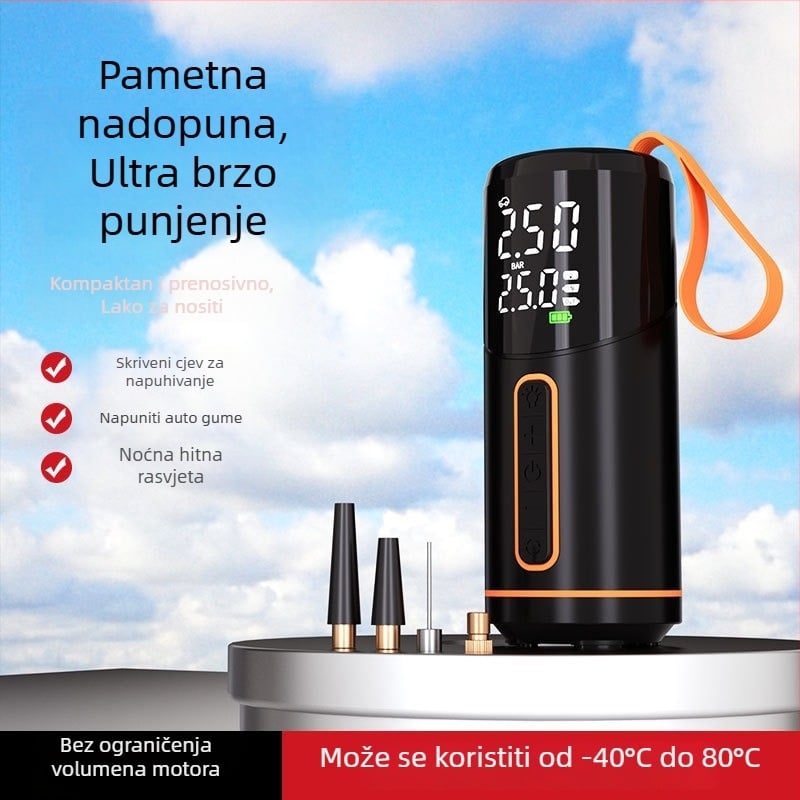 Bežična električna pumpa za automobil i bicikl, USB punjenje, digitalni tlakometar, 30 L/min, ugrađeno svjetlo
